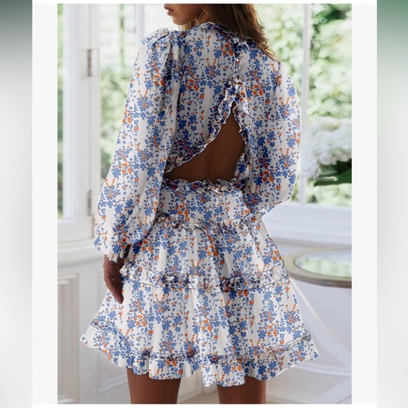 Deep V Neck Long Sleeve Backless Ruffle Floral Flowy Mini Dress - Picture 2 of 2